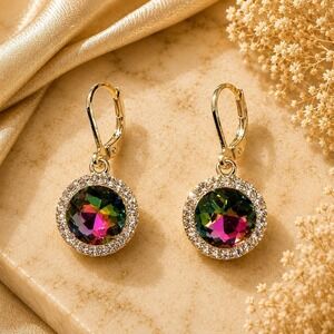 Vintage Monet Rainbow Crystal Lever back Earrings Gold Tone Sample One of a Kind